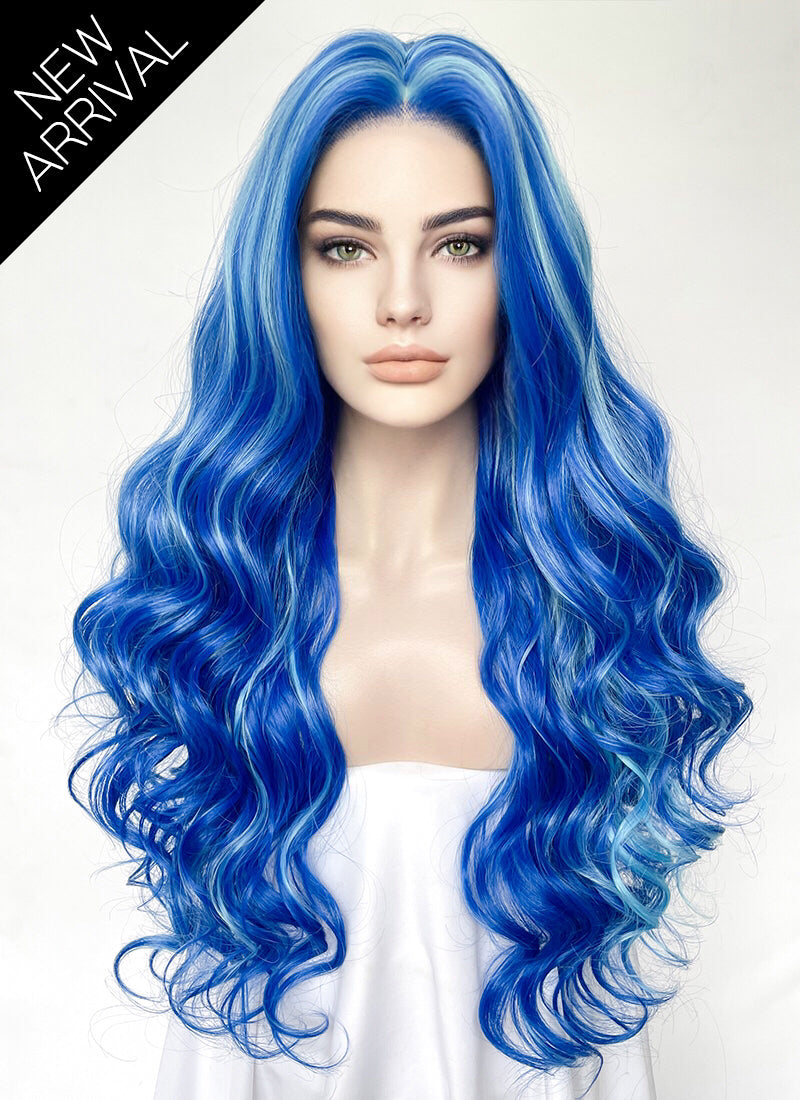 Blue With Green Highlights Wavy Lace Front Synthetic Hair Wig LW4038