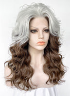 X-Men Rogue Silver White Mixed Brown Wavy Lace Front Synthetic Wig LW4109A