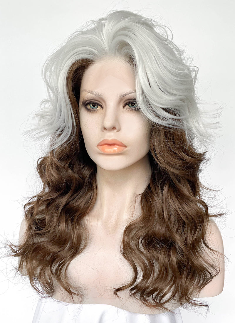 X-Men Rogue Silver White Mixed Brown Wavy Lace Front Synthetic Wig LW4109A