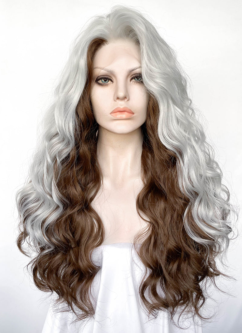 X-Men Rogue Silver White Mixed Brown Wavy Lace Front Synthetic Wig LW4109