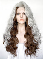 X-Men Rogue Silver White Mixed Brown Wavy Lace Front Synthetic Wig LW4109