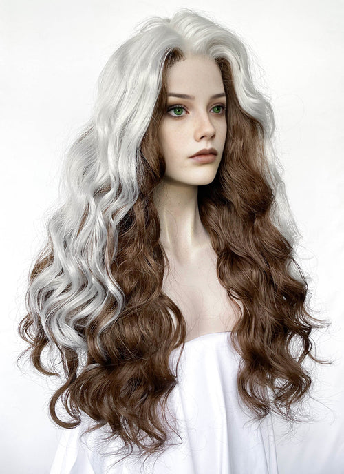 X-Men Rogue Silver White Mixed Brown Wavy Lace Front Synthetic Wig LW4109