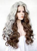 X-Men Rogue Silver White Mixed Brown Wavy Lace Front Synthetic Wig LW4109