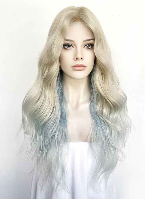 Blonde Blue Peekaboo Wavy Synthetic Hair Wig NL095