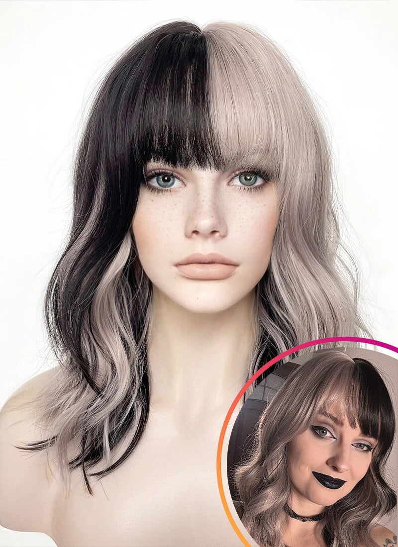 Ash Pinkish Blonde Mixed Black Wavy Synthetic Hair Wig NS483