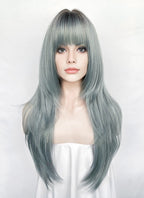 Ash Blue With Dark Roots Straight Synthetic Hair Wig NS617