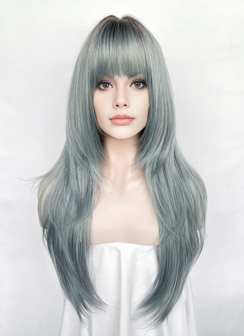 Ash Blue With Dark Roots Straight Synthetic Hair Wig NS617