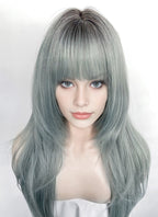 Ash Blue With Dark Roots Straight Synthetic Hair Wig NS617