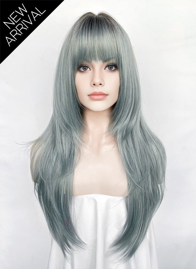 Ash Blue With Dark Roots Straight Synthetic Hair Wig NS617
