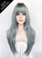 Ash Blue With Dark Roots Straight Synthetic Hair Wig NS617