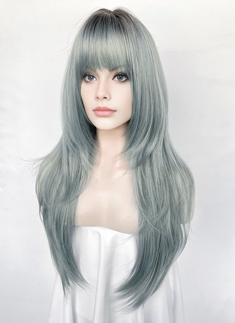 Ash Blue With Dark Roots Straight Synthetic Hair Wig NS617