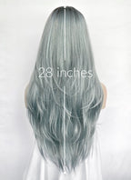 Ash Blue With Dark Roots Straight Synthetic Hair Wig NS617