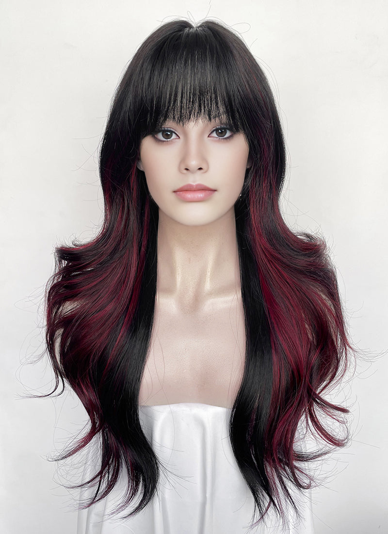 Black Mixed Red Wavy Synthetic Hair Wig NS620