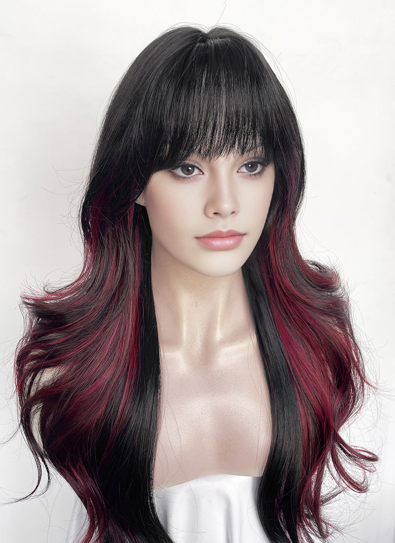 Black Mixed Red Wavy Synthetic Hair Wig NS620