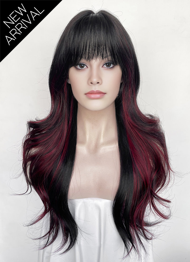 Black Mixed Red Wavy Synthetic Hair Wig NS620