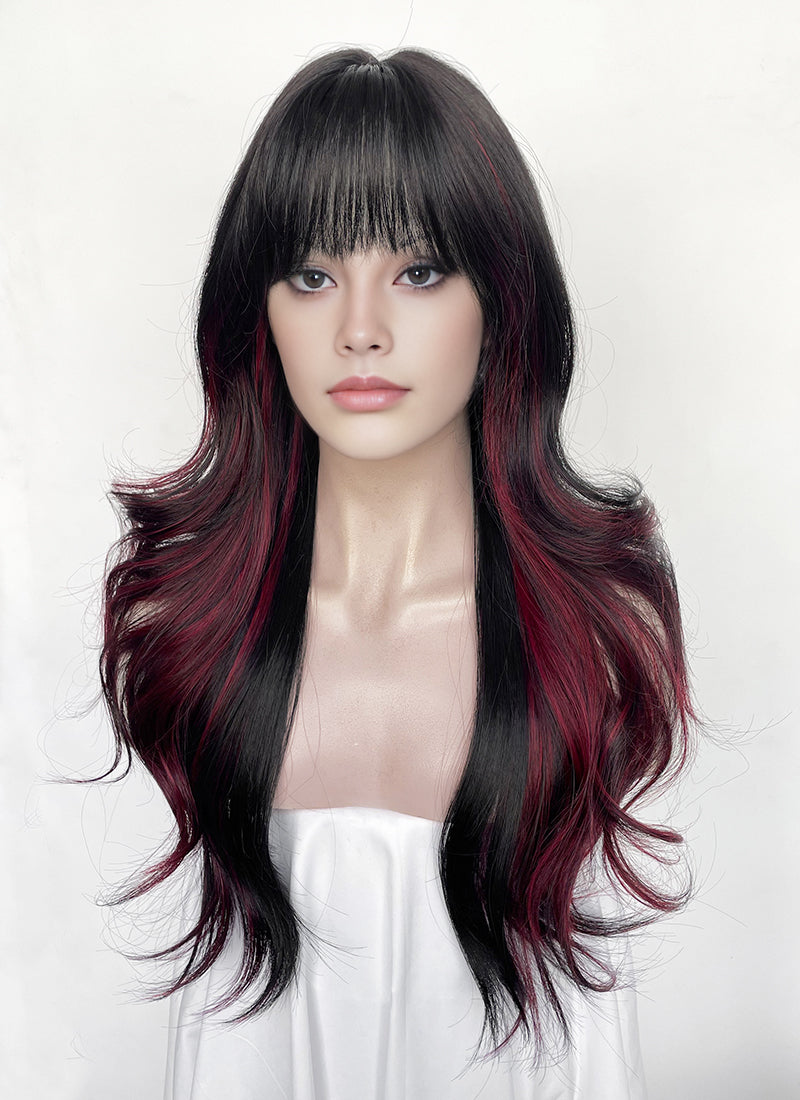 Black Mixed Red Wavy Synthetic Hair Wig NS620