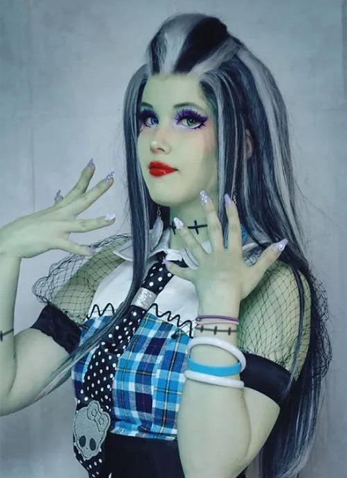 Black With Silver Grey Highlights Lace Front Wig For Cosplay as Frankie Stein from Monster High LW4030