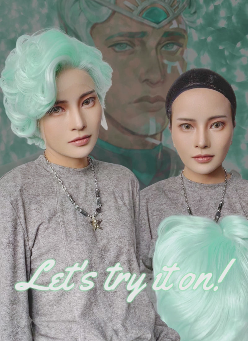 Critical Role Wicander Halovar Pastel Green Mixed White Wavy Lace Front Synthetic Men's Wig LF8103