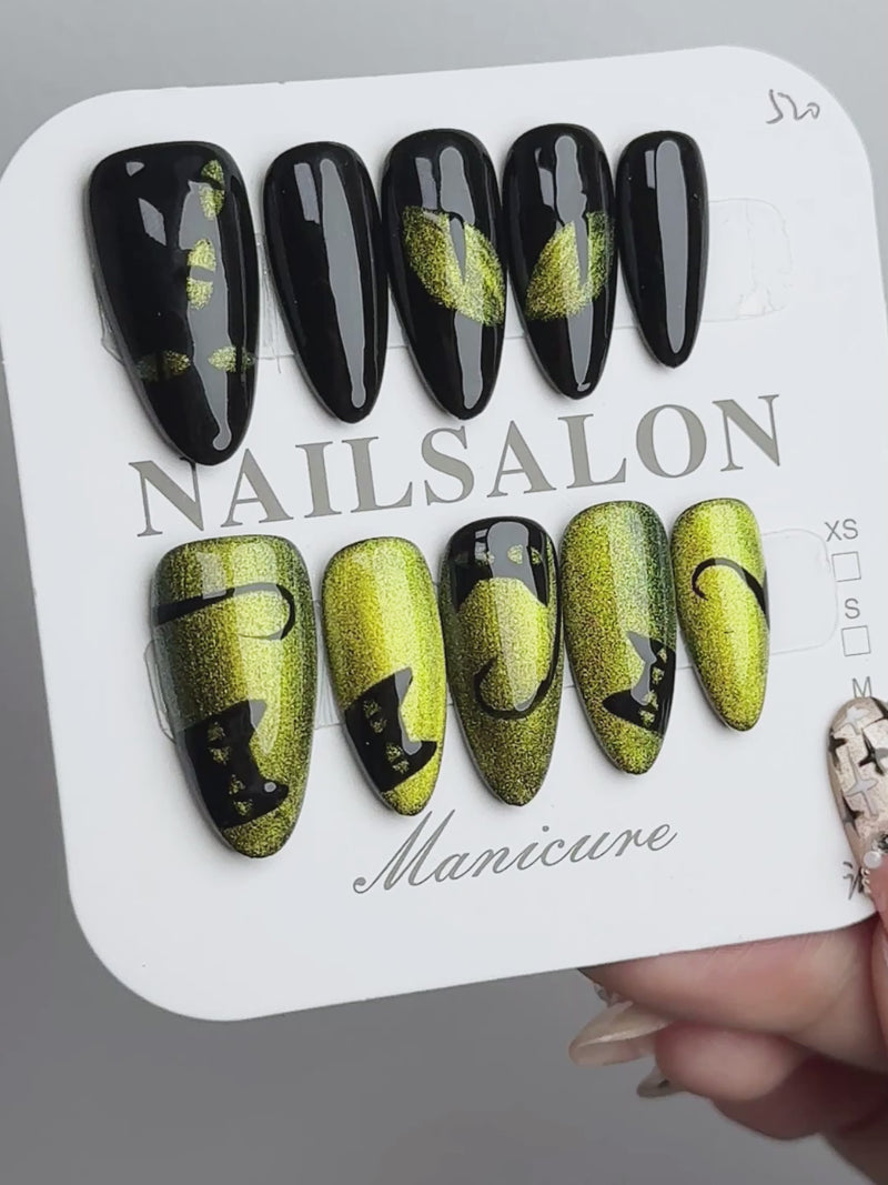 Black with Green Cat-Eye & Green with Black Cat Motif Almond Handmade Press-On Nails NF055