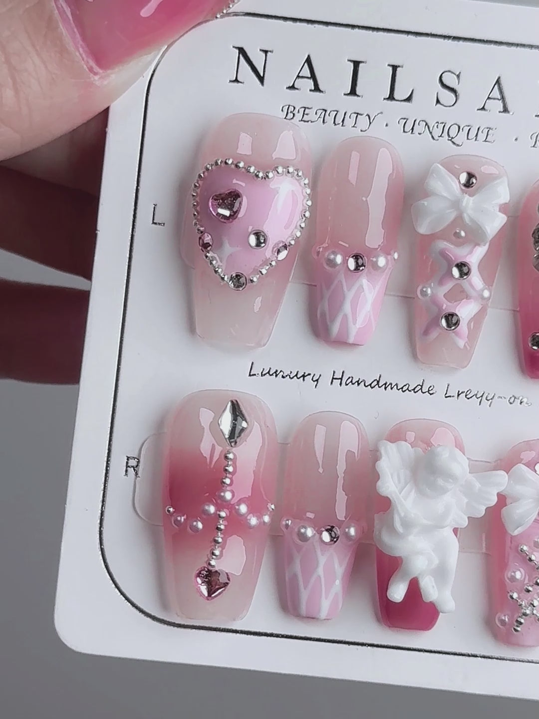 Pink Blushing Gradient Bow-Tie Cupid Heart Coffin Handmade Press-On Nails NF048
