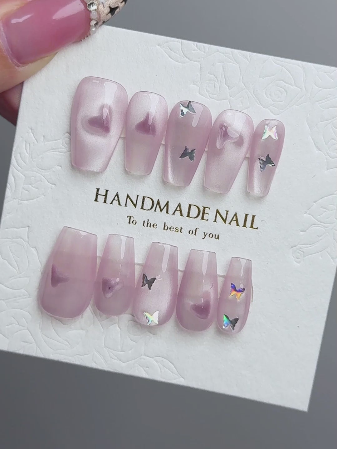 Heart Butterfly Cat-Eye Coffin Handmade Press-On Nails NF025