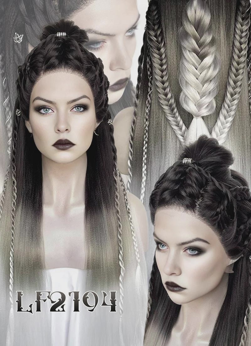 Black Grey White Ombre Braided Yaki Lace Front Synthetic Wig LF2194
