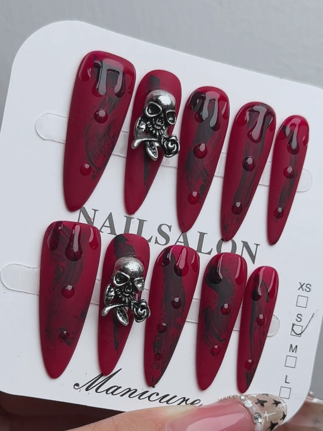 Gothic Dark Red Demon Face Almond Handmade Press-On Nails NF023