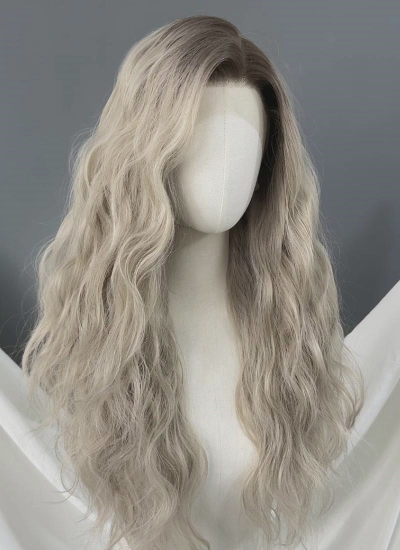 Ash Blonde With Dark Roots Wavy Lace Front Synthetic Hair Wig LFK5607
