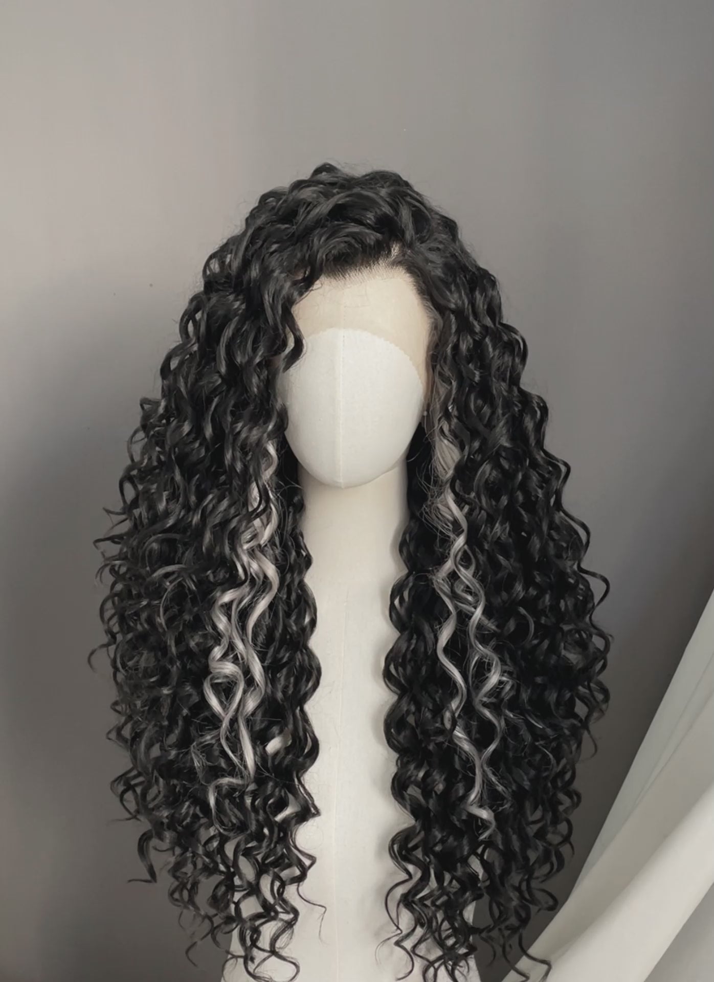 Black Mixed Silver Grey Curly Lace Front Synthetic Hair Wig LF1334