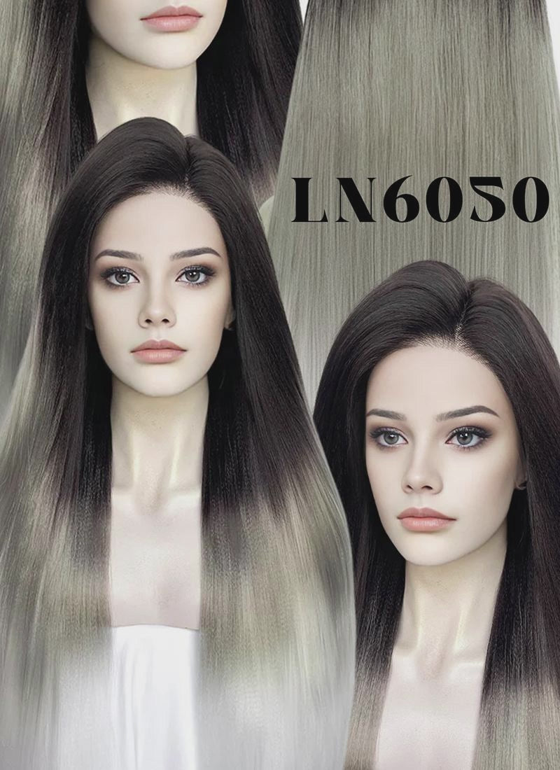 Black Grey White Ombre Straight Yaki Lace Front Synthetic Hair Wig LN6050