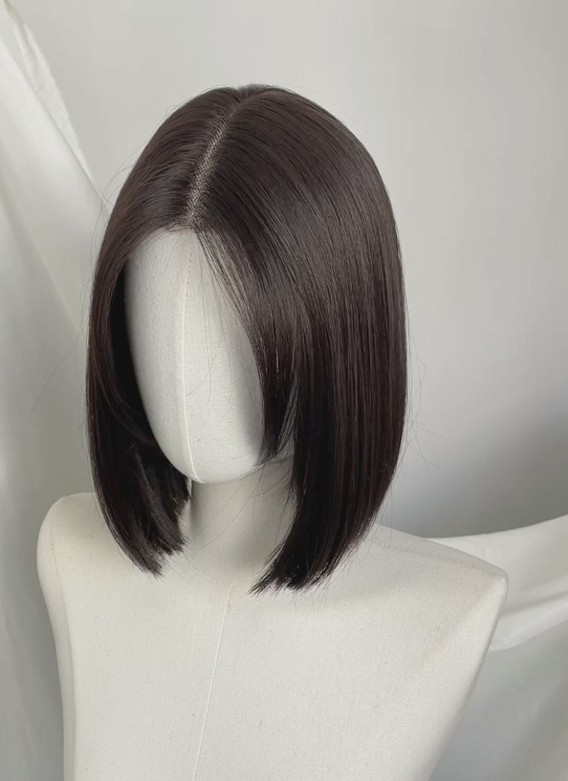 Brunette Curtain Bangs Straight Bob Lace Front Synthetic Hair Wig LF3323