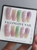 Colorful Shimmer & Dreamy Heart Cat-Eye Coffin Handmade Press-On Nails NF046