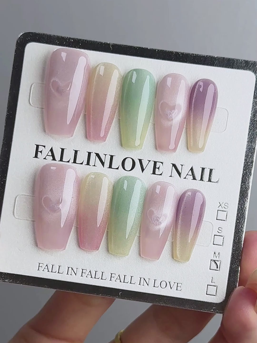 Colorful Shimmer & Dreamy Heart Cat-Eye Coffin Handmade Press-On Nails NF046