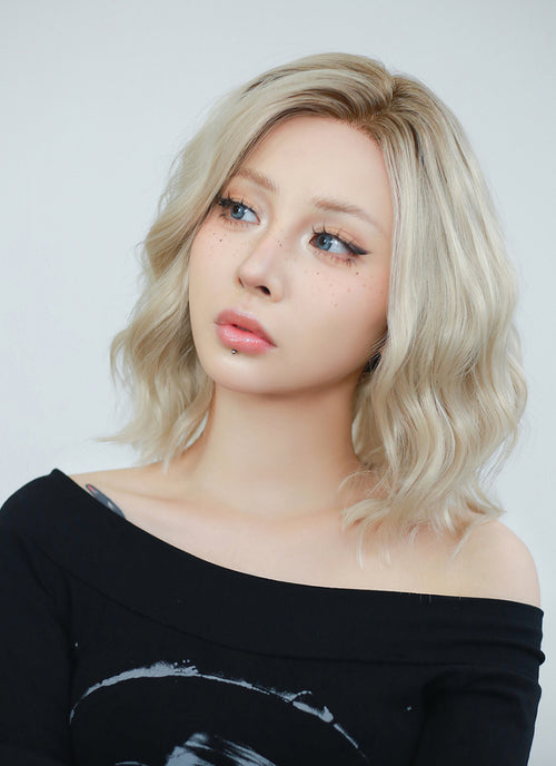 Ash Blonde With Brown Roots Wavy Bob Lace Front Synthetic Wig LF6006
