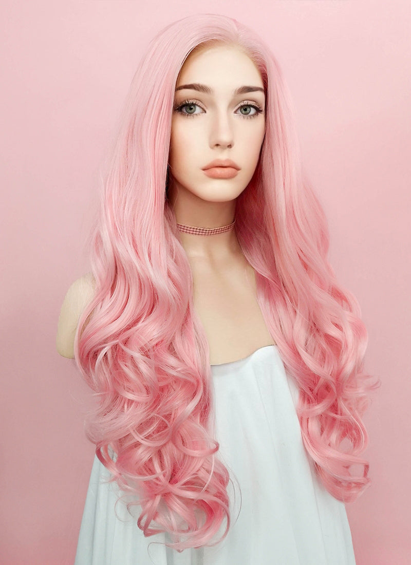 Wavy Pastel Pink Lace Front Synthetic Wig LF084