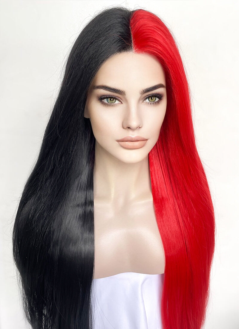 Black Red Split Color Straight Lace Front Synthetic Hair Wig LF1316