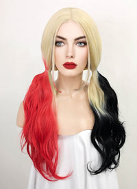 Blonde Harley Quinn Synthetic Red Black Ponytail Wavy Lace Front Wig LF1576A