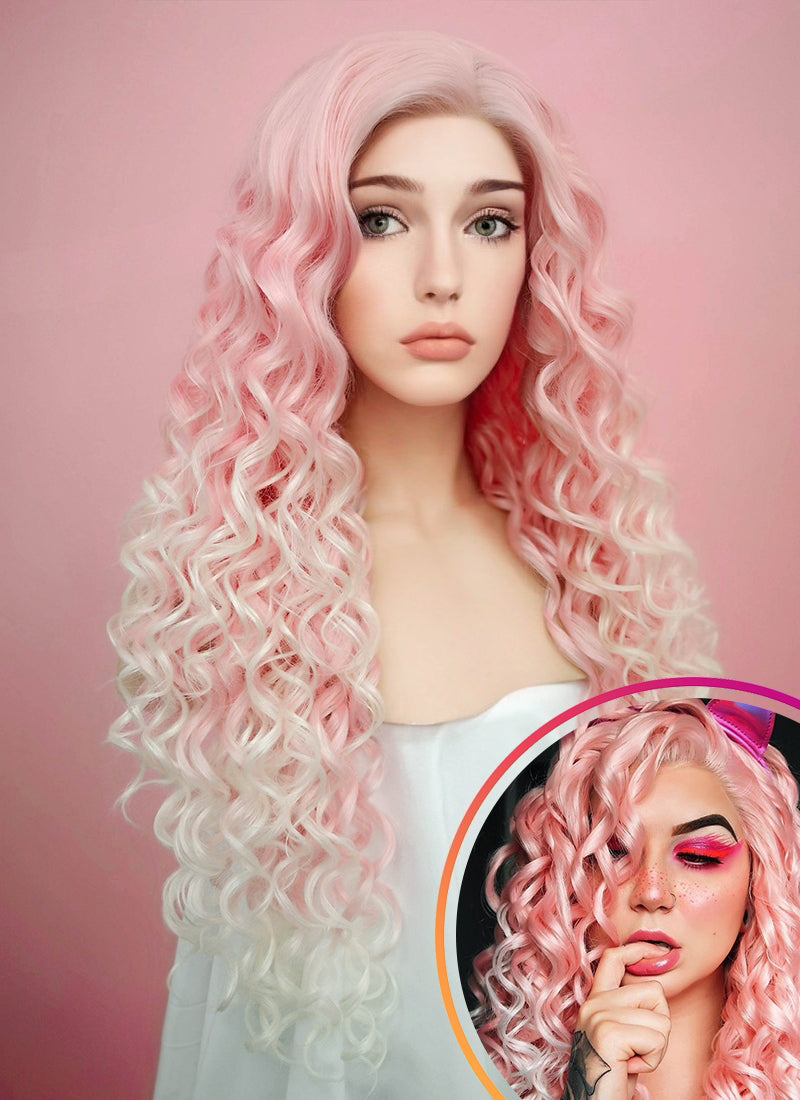 Spiral Curly Pastel Pink Blonde Ombre Lace Front Synthetic Wig LF165