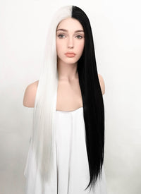 White Black Split Color Straight Lace Front Synthetic Wig LF3185