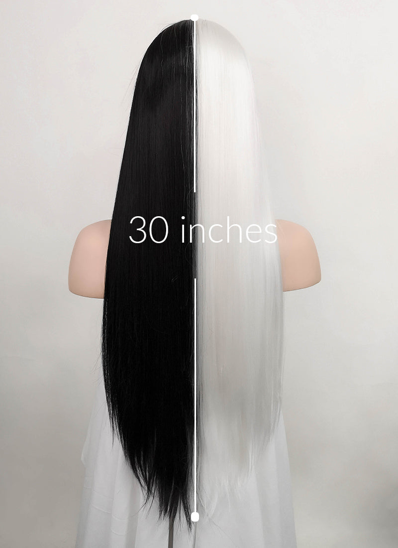 White Black Split Color Straight Lace Front Synthetic Wig LF3185