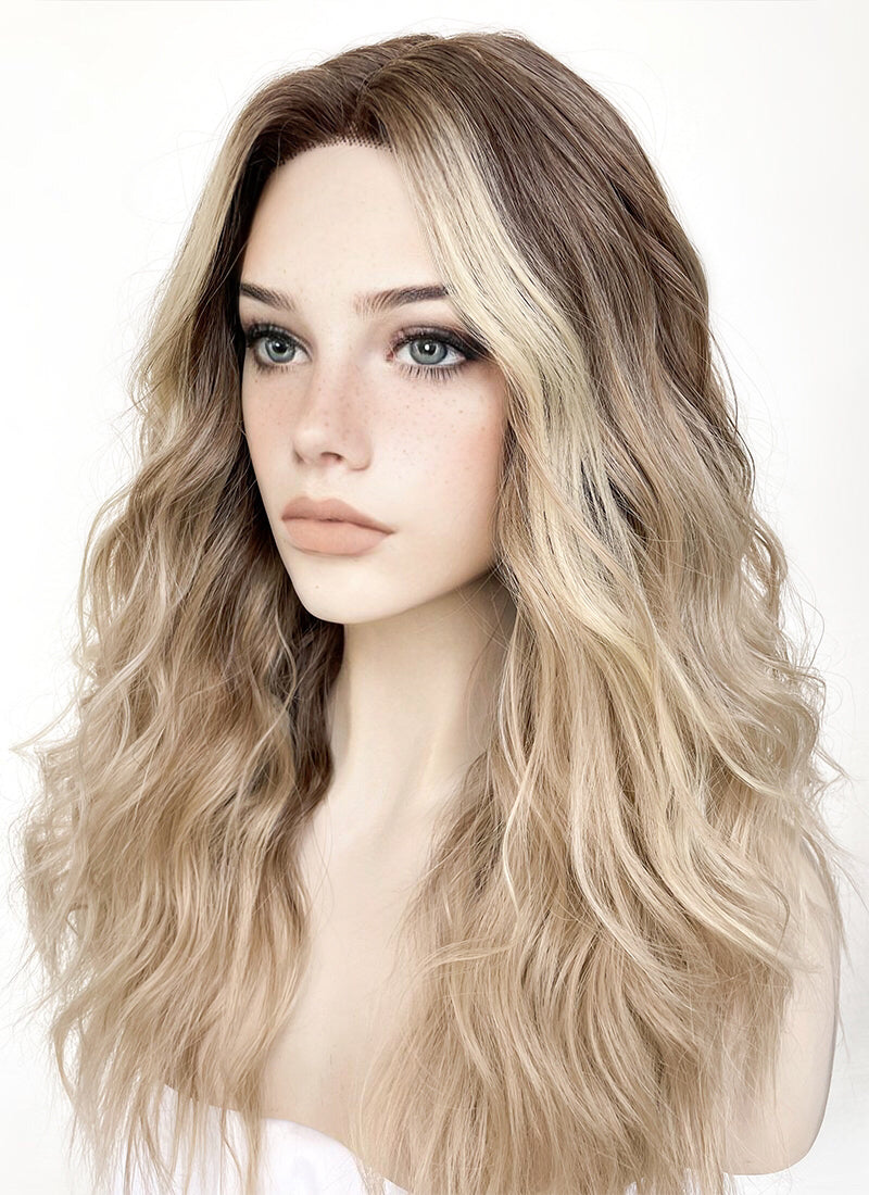 Balayage Blonde Highlights Money Piece Wavy Lace Front Kanekalon