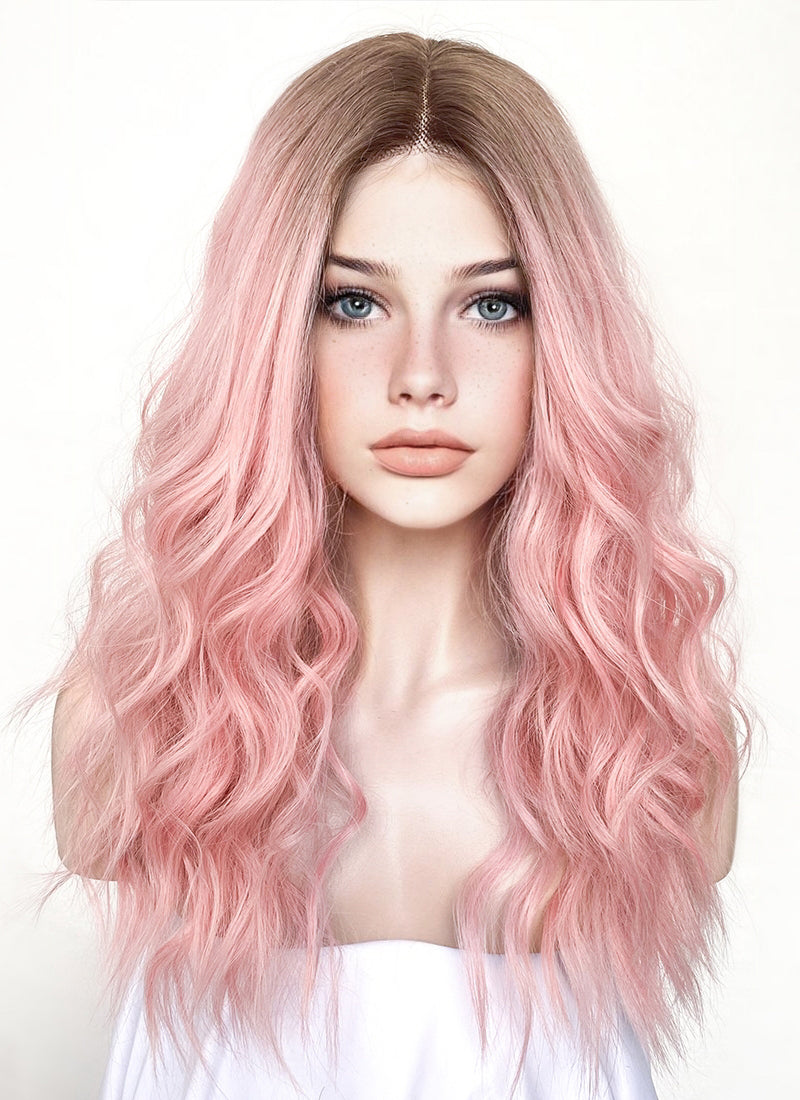 Pastel Pink With Brown Roots Wavy Lace Front Kanekalon Synthetic Wig LF3250