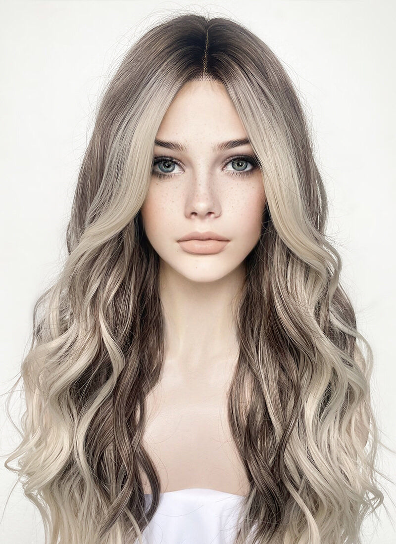 Balayage Blonde Highlights Money Piece With Dark Roots Wavy Lace Front Synthetic Wig LF3293