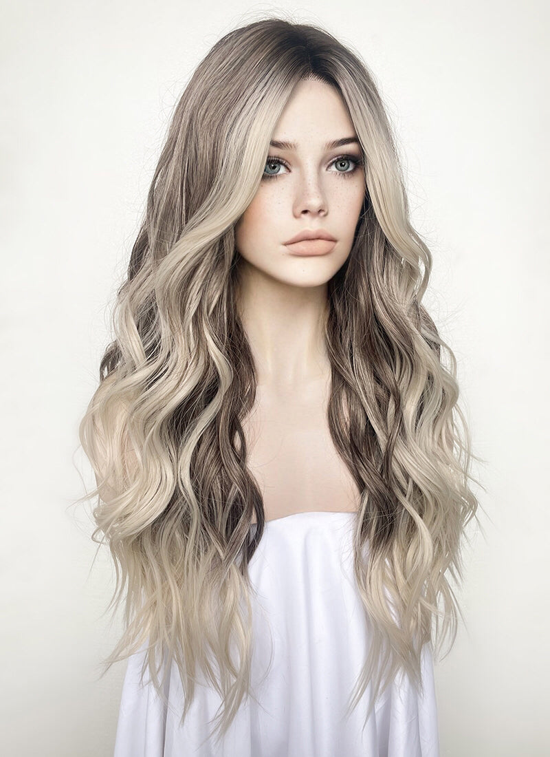 Balayage Blonde Highlights Money Piece With Dark Roots Wavy Lace Front Synthetic Wig LF3293