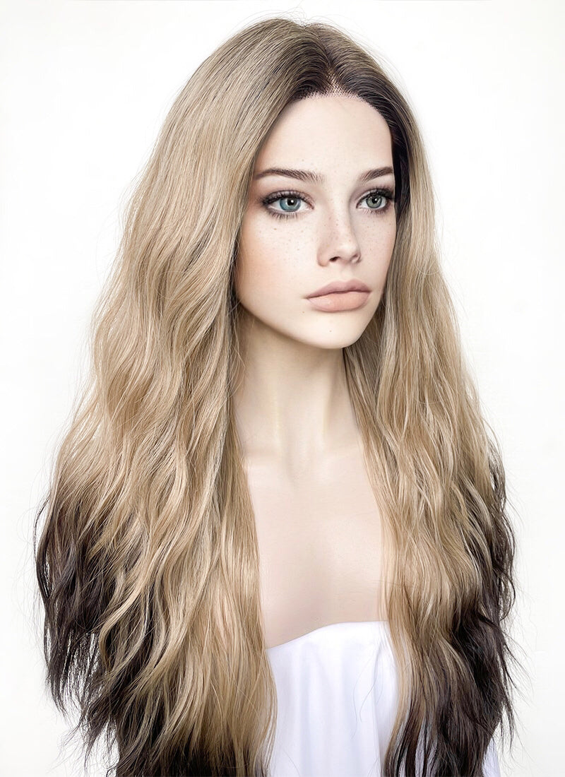 Blonde Brown Ombre With Dark Roots Wavy Lace Front Synthetic Wig LF3295