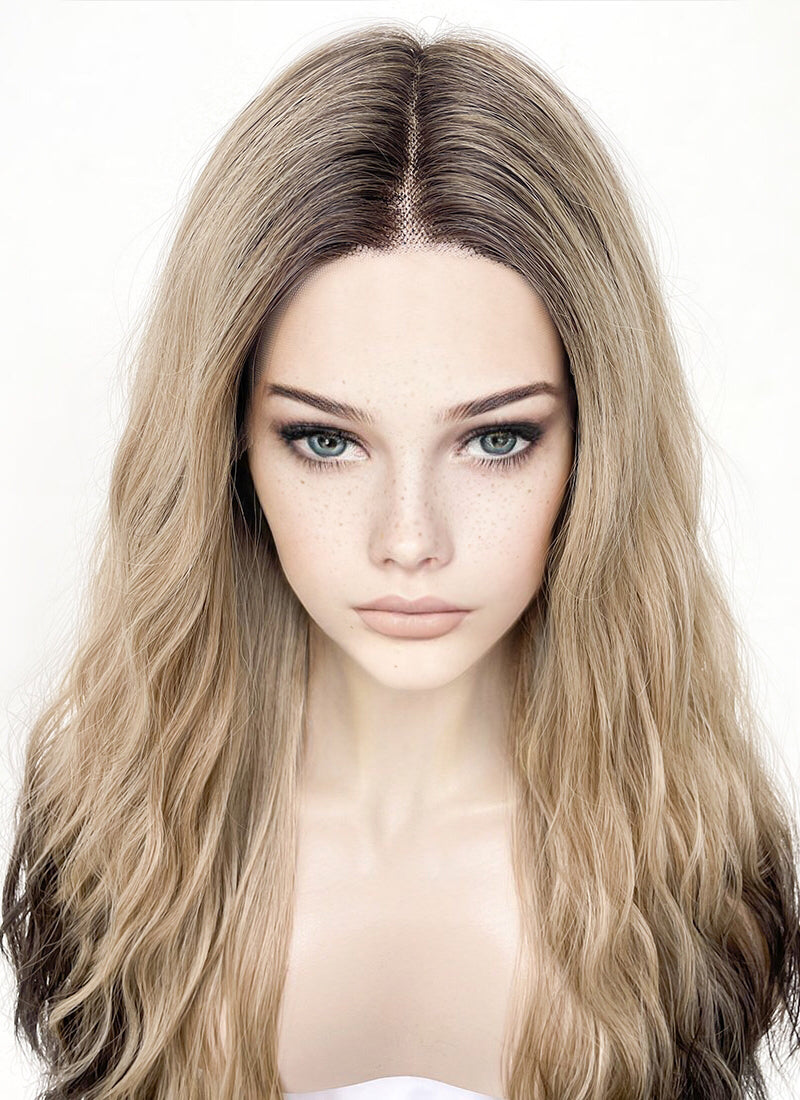 Blonde Brown Ombre With Dark Roots Wavy Lace Front Synthetic Wig LF3295