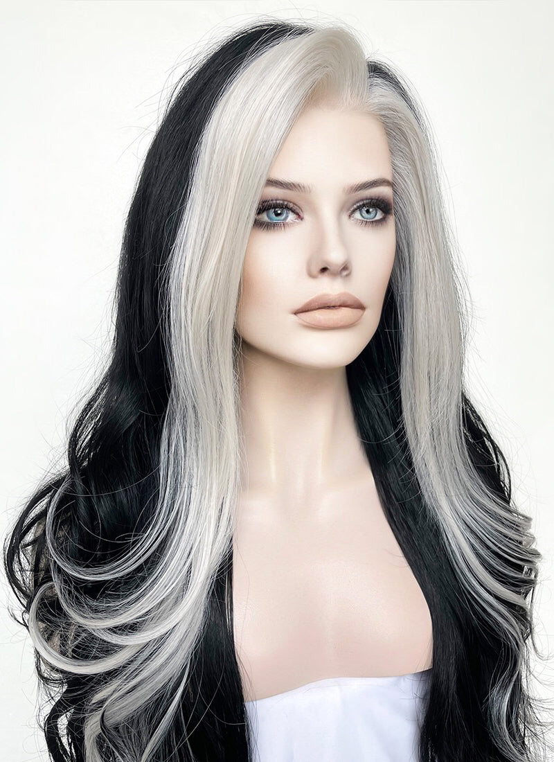 Black and Grey Money Piece Wavy Lace Front Sythetic Wig LF3298