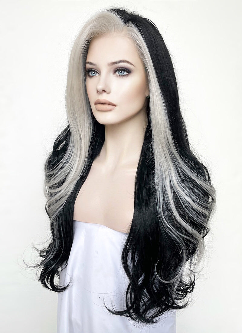 Black and Grey Money Piece Wavy Lace Front Sythetic Wig LF3298