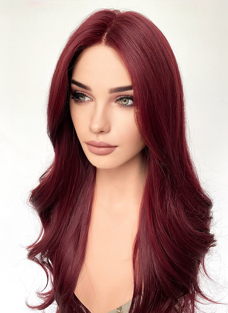 Dark Red Curtain Bangs Wavy Lace Front Synthetic Hair Wig LF3340