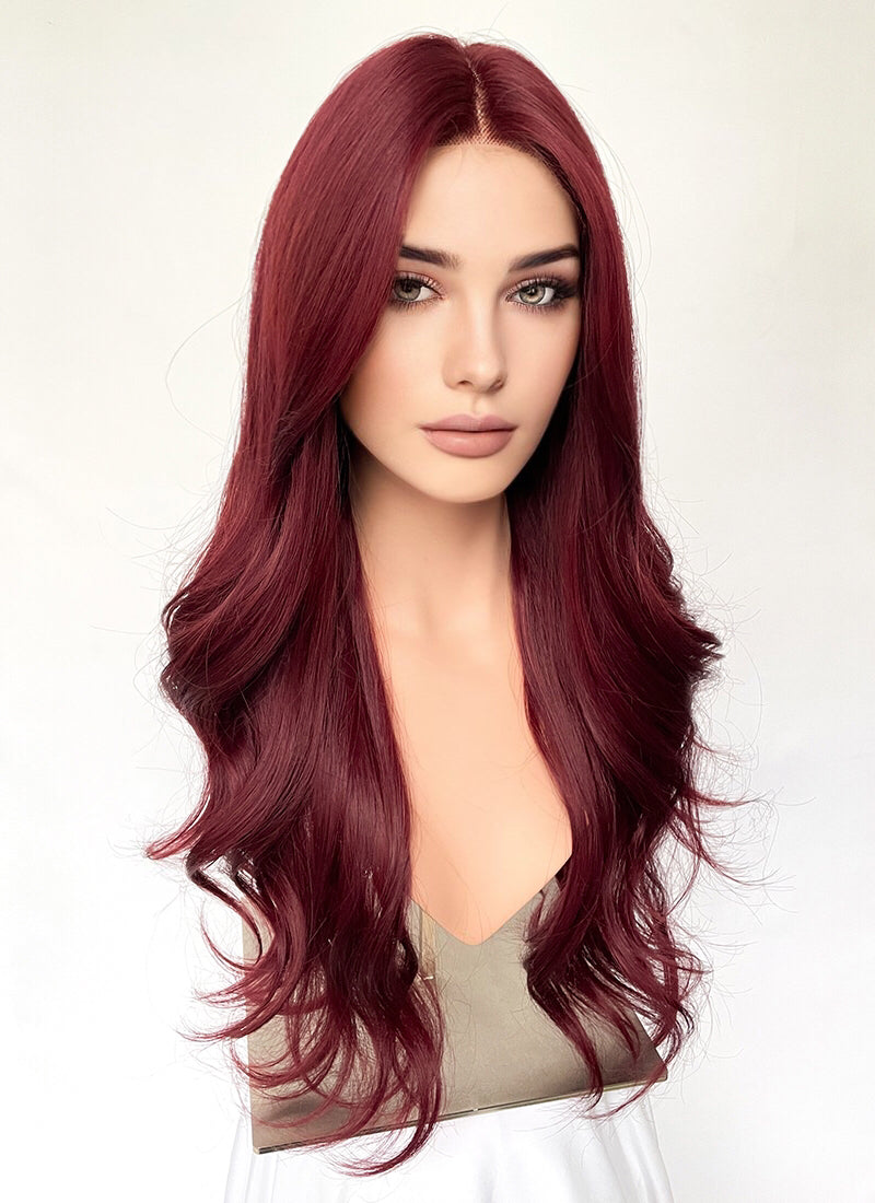 Burgundy Red Curtain Bangs Wavy Lace Front Synthetic Hair Wig LF3340